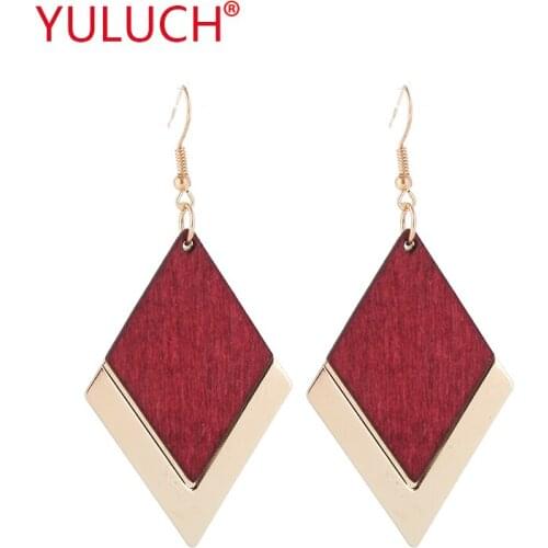 YULUCH Top pop womens earrings are alloy-set lozenge wood chips exquisite special earrings national jewelry gift