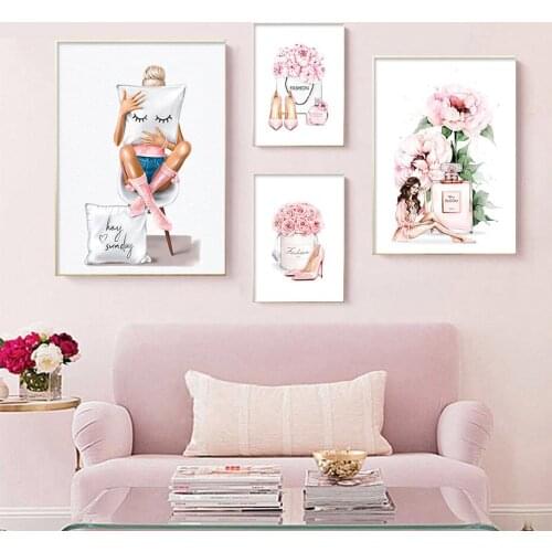 Fashion Picture Poster Vogue Girl Perfume High Heels Wall Art Prints Watercolor Flowers Canvas Painting for Interior ​Home Decor