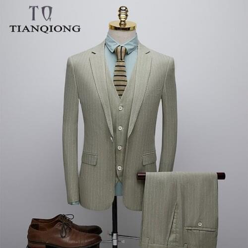 TIAN QIONG 3 Pieces Stripe Suits Men Slim Fit Mens Suits Designers 2019 Light Green Burgundy Groom Wedding Suit Formal Wear