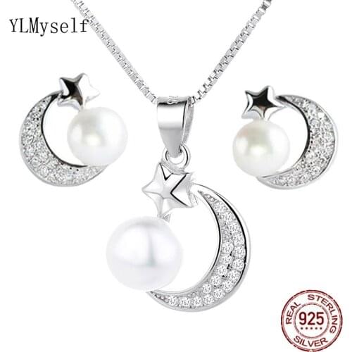 Real 925 Silver Necklace & Earrings Set With White Pearl and Shiny Cubic Zircon Luxury 2pcs Fine Jewelry for Women