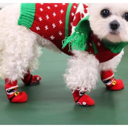 4Pcs Puppy Socks Santa Claus Design Anti-Skid Bottom Elastic Small Medium Dogs Warm Paw Socks for Christmas