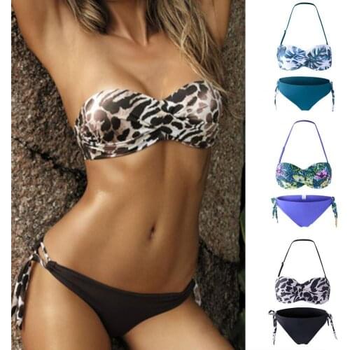 2021 Newest Bandeau Printing Lacing Low Cut Women Bathing Suit Two Pieces Bikini Set for Water Activity for summer swimwear
