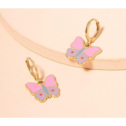 New Ins Vintage Pink Butterfly Earrings Simple Cute Metal Drop Oil Butterfly Dangle Earrings For Women Girls Fashion Jewelry