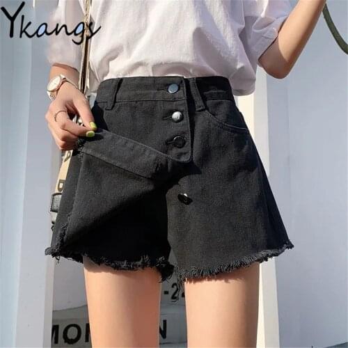 Single -Breasted Fringe Button Black Denim Culottes Summer Korean Fashion Women Skirt Shorts 2021 Harajuku Streetwear Jean Short