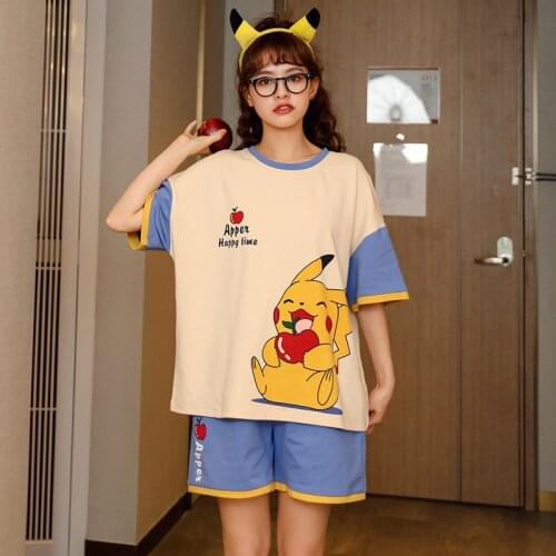 Pikachu Pokemon Pajama Womens Pajamas Round Pajamas Summer Cotton Ladies Pajamas Short-sleeved Shorts Home Pajamas Pajamas Suit