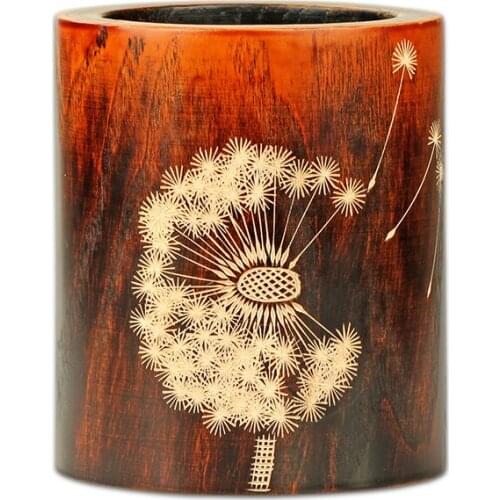 Luxury Gift Engraved Dandelion Handmade Solid Wood Pen Container , Pen Holder