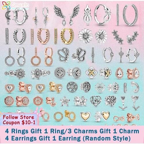 Smuxin 925 Sterling Silver Fan Stud Sparkling Family Tree Angel Wing Daisy Flower Heart Earrings Women Earrings