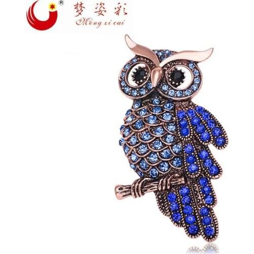 Fashion Corrente De Prata Masculina Owl Blue Rhinestone Brooch Hijab pins Classic Animal Owl Broche for women all-match X0834