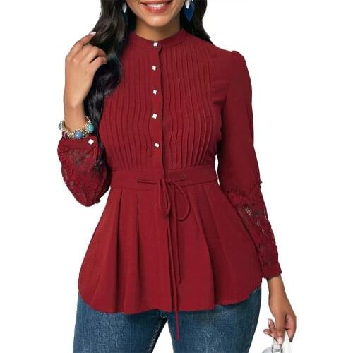 Office Lady Shirt Plus Size Stand Collar Lace Stitching Cuff Waist Drawstring Shirt Lace Stitching Cuff Waist Shirt blouse women