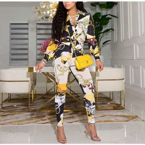 Women Two Piece Vintage Printed Elegant Suits Long Sleeve Button Down Shirt & Slim Pants Set 2021 Summer
