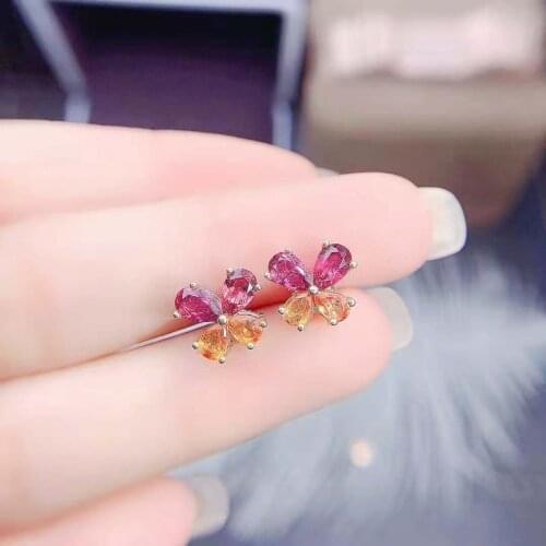 Natural Tourmaline Gemstone Real S925 Sterling Silver Floret Earrings Fine Fashion Weddings Jewelry For Women MeiBaPJFS