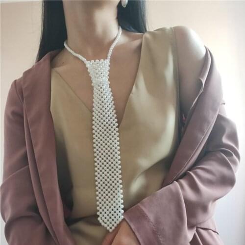 New Fashion Hand Woven Beaded Hollow Out Pearls Vintage Tie for Women Long Necklace Wedding Jewelry Accessory Gift 002