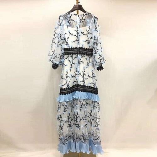 Blue Runway Fashion Women 2021 Spring Summer Long Sleeve Ruffles Lace 3D Appliques Flower Embroidery Dress
