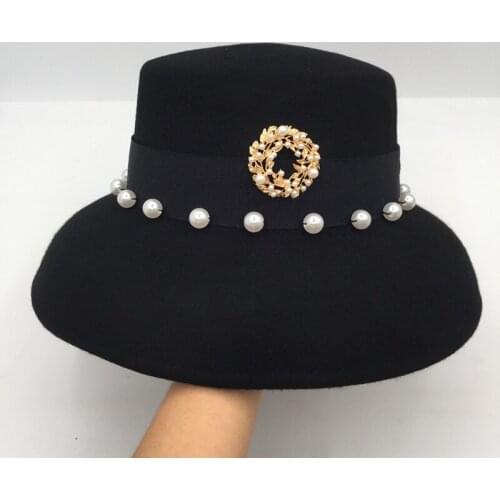 Winter European and American fashion elegant French wool womens bucket hat with Big eaves flat basin pearl diamond