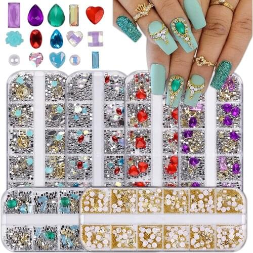 1 Box Mix-Color Nail Art Crystal 12-Grid Long Box Ornament Riveting Nail Pearl Crystal Glass Diamond Mixed Nail Rhinestone