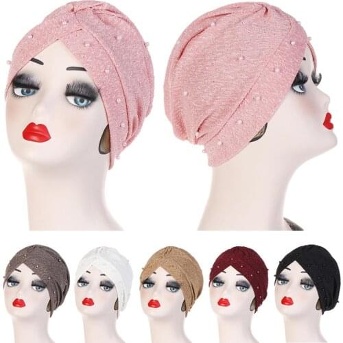 1PC Solid Fashion Women Beading India Ruffle Turban Elastic Muslim Hat Chemo Cap Headwrap Soft Sleeping Hat Beanie Accessories