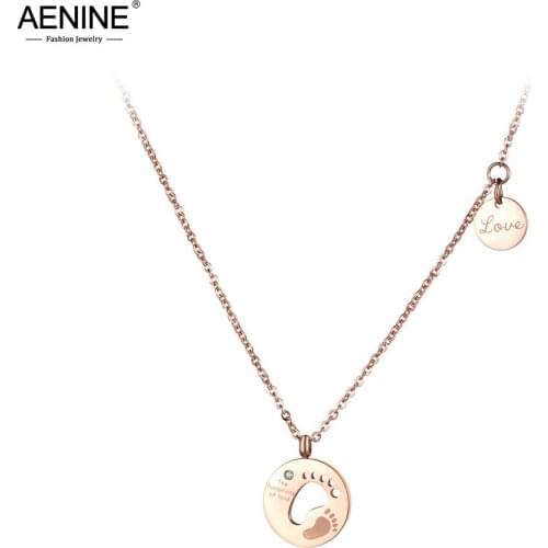 AENINE Fashion Double Footprints Love Chokers Necklace For Women Rose Gold Stainless Steel CZ Crystal Pendant Jewelry AN19030