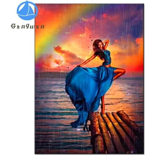 DIY 5D Diamond Painting Dancing girl in the rain Cross Stitch Diamond Embroidery Landscape beauty Mosaic Rhinestone Home Decor