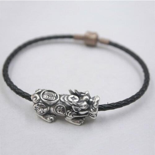 Pure 999 Fine Silver Wealth Pixiu bead with Black Leather Bracelet 16cm to 21cm