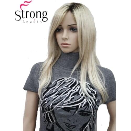 Long Straight Blonde with Dark Roots, Side Swept Bangs Synthetic Wig