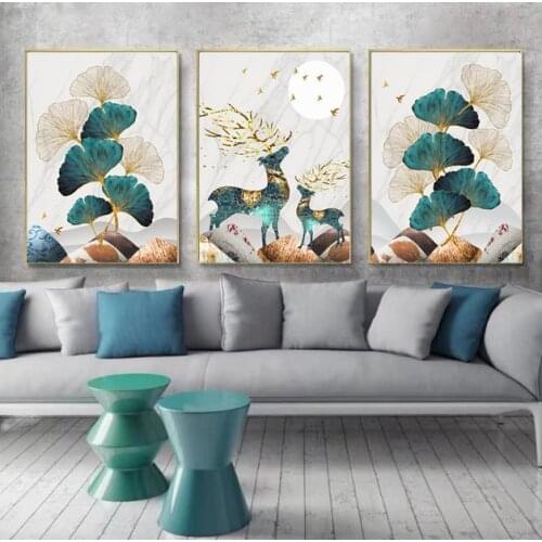 Lucky Deer Hall Mural Three-piece Ginkgo Leaf Poster Living Room Sofa Background Wall Painting Decorative Painting