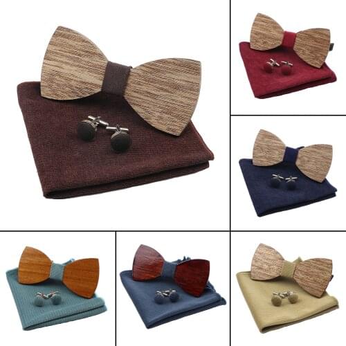Mens Wooden Bow Tie Set 100% Handmade Soft Microsuede Pocket Square Velvet Wood Bowtie Cufflinks Wedding Party Shirt Accessory
