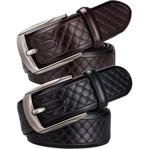 Genuine Leather Plaid Belts for Men Casual Belt 3.5cm Width Pin Buckle Girddle Black Brown Waist Strap Gift Box Set Barry.Wang