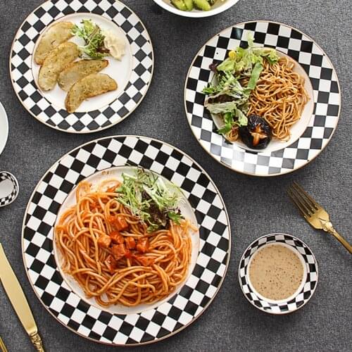 Squares Dinnerware Vintage Home Decor Ceramic Crockery Table Service Luxury Soup Flat Plates Fine Bone Porcelain Black and White