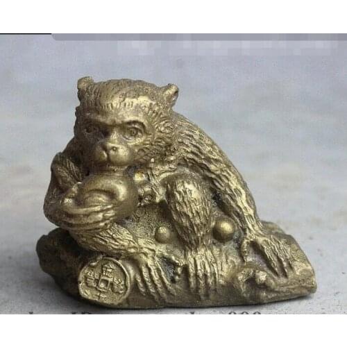 Folk Chinese Brass Feng Shui Wealth Money Shou Peach Longevity Monkey Statue