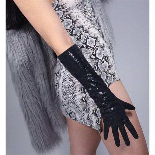 Real Leather Long Gloves 44cm Lizard Skin Texture Bright Black Sheepskin Rare Animal Leather Print Lengthen Female WZP11
