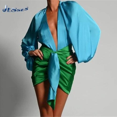 Nightclub Party Dress Hip Buttock Skirt Suit Two-piece Autumn Long-sleeved V-neck Shirt Tops + Mini Skirts 2 Pcs Outfits Femme