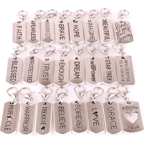 24Pcs /Lot Metal Plated Letters Faith Dream Forever Dangle Charms Lobster Clasp Hanging Inspiring Words Pendant Jewelry Diy