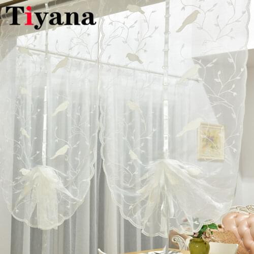 Rustic White Birds Roman Curtain For Kitchen Lifting Curtain Short Balloon Window Drapery Embroidered Tulle Room Decor JK065X