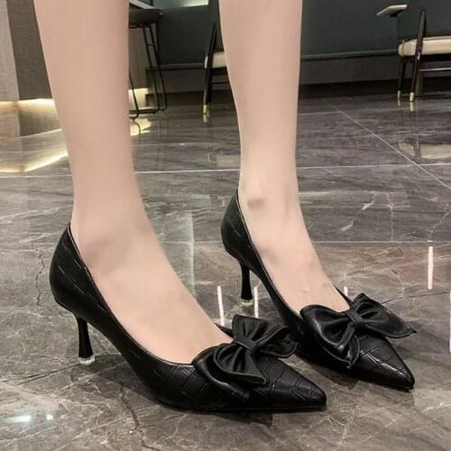 Lucyever Classic Black Bowtie High Heels Shoes Women Sexy Pointed Toe Thin Heels Pumps Woman Pu Leather Slip-on Banquet Shoes