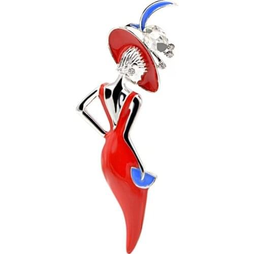 Wine Red Color Sexy Lady Brooch Enamel Pins Wear Big Hat Party Girl Fashion Jewelry Cute Brooches for Women New 2020