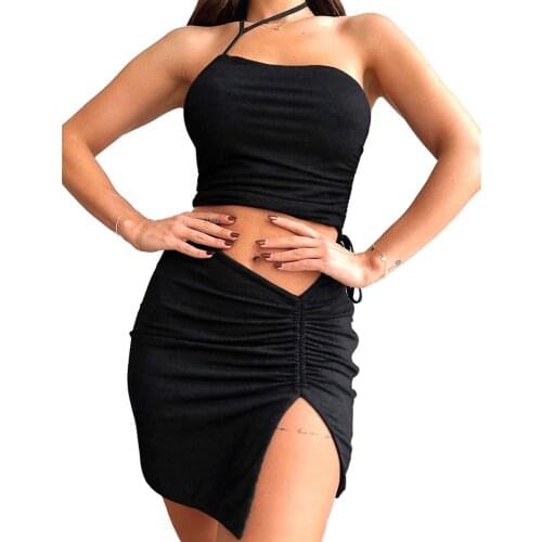 Wsevypo Women Sexy Ruched Mini Slit Skirt Solid Color High Waist Bodycon Pencil Skirts Party Beach Wear White/ Brown/ Black