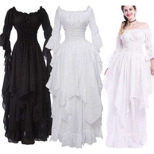 Womens Medieval Cosplay Costumes New Middles Ages Vintage Style Gothic Flared Sleeves Fold Irregular Ruffle Princess Dresses