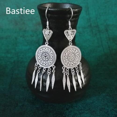 Bastiee Bronze Drum 999 Sterling Silver Earring For Women Dangle Tassels Heart Earing Ethnic Vintage Luxury Jewelry Girl Gifts