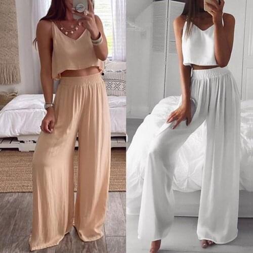 Summer Women Sleeveless Solid Color Skin-friendly Sling V-neck Top Wide Leg Pants Outfit Tracksuit
