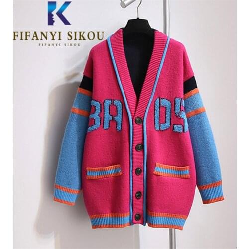 Cardigan Women Knitted Sweater Jacket 2021 New Single Breasted V-Neck Fashion Patchwork Knit Coat Autumn Loose Sweaters Female