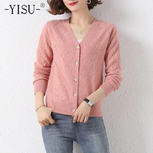 YISU 2021 New Women Spring Sweater Cardigan V-Neck Solid color Spring tops Female Casual Thin section Buttons Knitted Cardigan