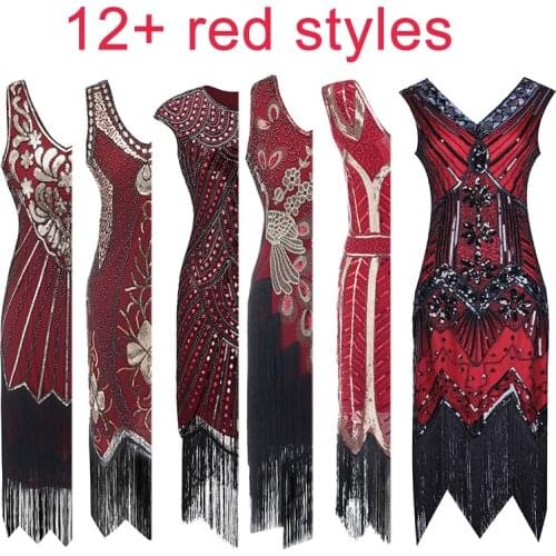 Womens 1920s Flapper Fringe Beaded Great Gatsby Party Dress with Costume Set Plus Size (Red Dress )