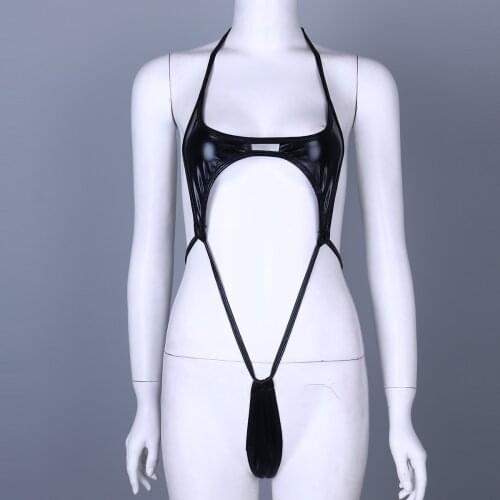 Women Sexy Lingerie Hollow Out Faux Leather Halter High Cut One-piece Teddies Bikini Thong Beach Wear Swimsuit Strappy Bodysuit