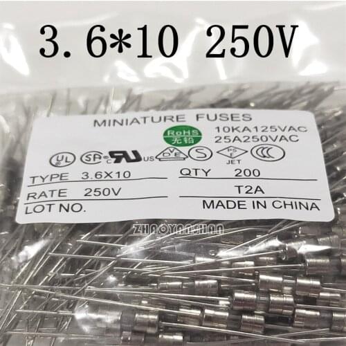 200pcs X MINIATURE FUSES Fuse 3.6*10mm 3.6mm X 10mm 250V T2A Slow break NEW Free Shipping