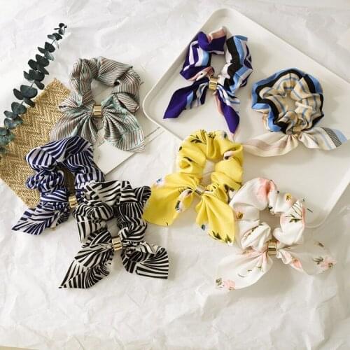 2020 New Fashion Elastic Hair Bands Floral Striped Knotted Rabbit Ear Bowknot Hair Ties Metal Buckle Hair Accessories