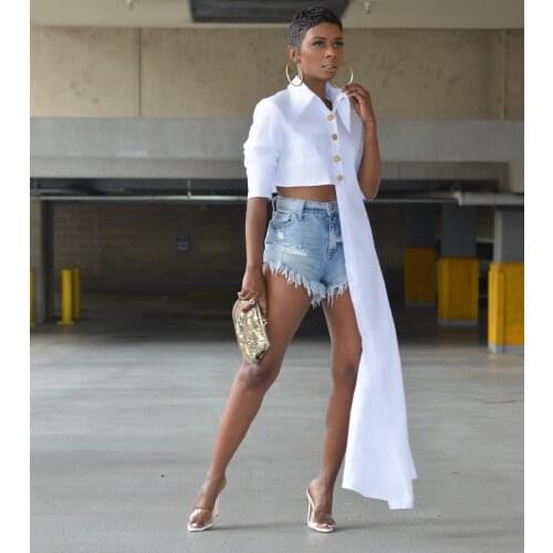 2021 Summer Casual Fashion Women Slim Street Sexy Personality Trend Solid Color Asymmetrical Shirt