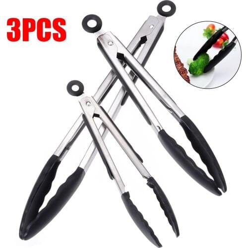 3pcs BBQ Tongs Non-slip Stainless Steel Kitchen Cooking Tools Salad Food Meat Bread Tongs