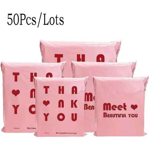 50Pcs/Lot Opaque PE Plastic Express Envelope Storage Bags Pink Bag Red Logo Color Mailing Bags Self Adhesive Seal Courier Bag