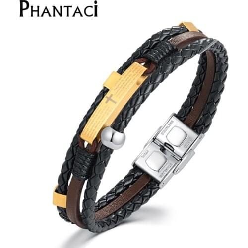 No Fade Cross Stainless Steel Genuine Leather Bracelet Men High Quality WristBand Magnet Male Black Wrap Bracelet Man Jewlery