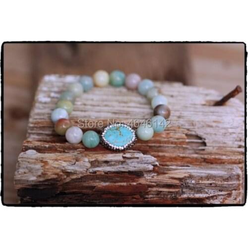 Boho Chic Amazonite Beads Pave Turquoises Beaded Stretch Bracelet